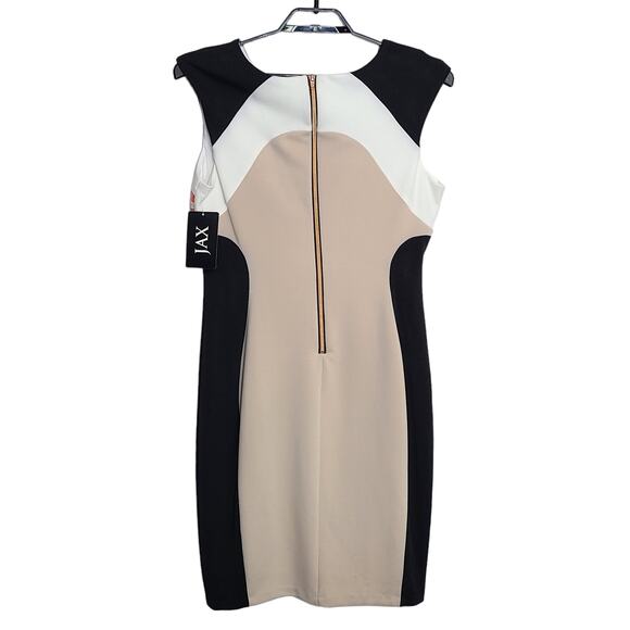 Jax Sheath Dress Size 14 Black Stretch Tan Embroidered Sleeveless NEW - Picture 2 of 5